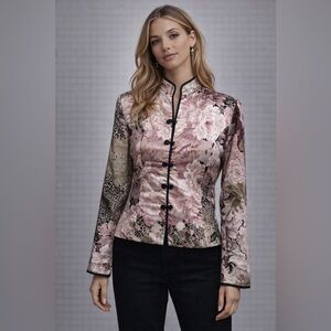 Vintage 90s JS Collections Asian Inspired Silk Floral Brocade Blazer Jacket 12